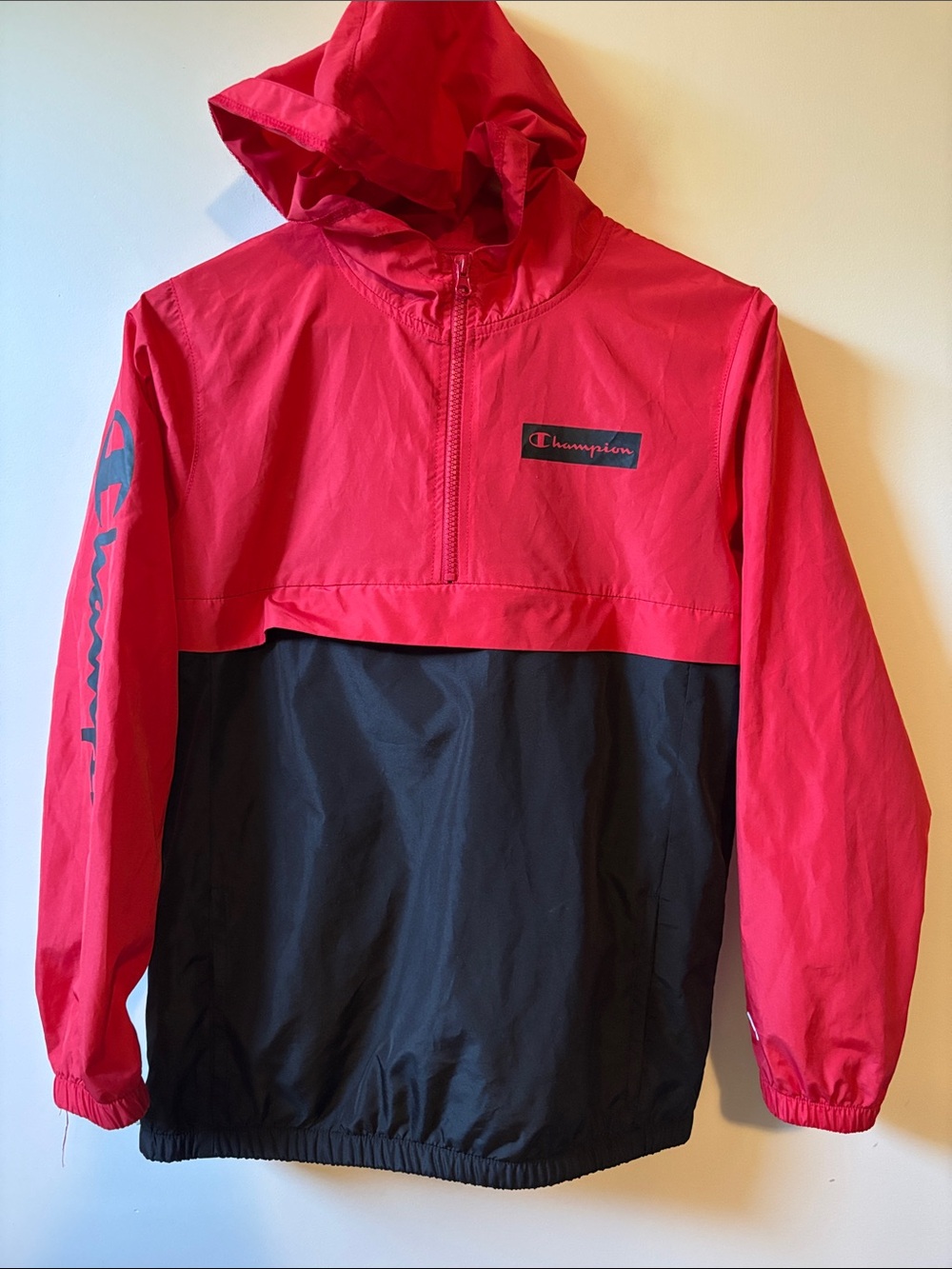 Champion Red and Black Half-Zip Hooded Anorak Rain Jacket